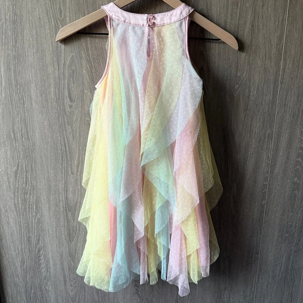 Tahari Tulle Ruffle Dress Girls Size 7 Pastel Rainbow Rhinestone Fairycore Party